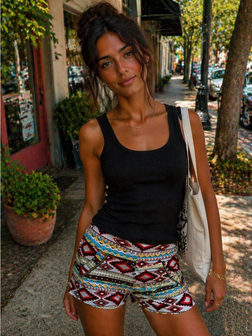 J&K High Rise Multicolor Geometric Aztec Print Statement Shorts Small Zip Detail